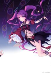  absurdly_long_hair asymmetrical_sleeves bad_id bad_pixiv_id black_skirt breasts evil_eye_(sound_voltex) female floating_hair flower grace_(sound_voltex) hair_between_eyes holding long_hair midriff navel oninaart parted_lips purple_eyes purple_hair red_flower red_rose red_sleeves rose skirt small_breasts smile sound_voltex stomach twintails uneven_sleeves very_long_hair 