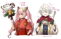  1boy arrow_(projectile) black_gloves commentary_request corrin_(fire_emblem) corrin_(male)_(fire_emblem) corrin_(male)_(new_year)_(fire_emblem) dark_skin dated feh_(fire_emblem_heroes) female fire_emblem fire_emblem_fates fire_emblem_heroes flower gloves hair_ornament hamaya holding holding_arrow holding_staff japanese_clothes kimono laevatein_(fire_emblem) laevatein_(new_year)_(fire_emblem) lilith_(fire_emblem) long_hair open_mouth pink_hair pointy_ears red_eyes robaco short_hair short_sleeves simple_background staff translated twintails twitter_username upper_body white_background white_hair 