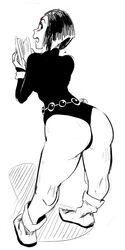  ankle_boots ass bare_legs bob_cut boots dc_comics female forehead_jewel from_behind greyscale highres legs leotard monochrome polyle raven_(dc) reading short_hair solo teen_titans thong_leotard 