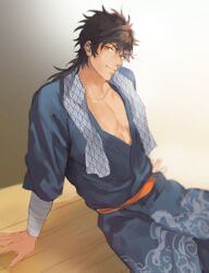  1boy black_hair brown_hair commentary_request japanese_clothes kimono looking_at_viewer male_focus mutsu-no-kami_yoshiyuki okii_(oh_ki_ik) pectoral_cleavage pectorals ponytail seigaiha sitting solo touken_ranbu towel towel_around_neck wet yellow_eyes yukata 