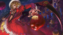  2girls adapted_costume apple bad_apple!! blonde_hair building cmy commentary_request dress elly_(touhou) flower food frills fruit hat highres jewelry kazami_yuuka kazami_yuuka_(pc-98) lace mansion mugenkan multiple_girls nail_polish photoshop_(medium) planet red_dress red_eyes ring rose scythe short_hair solo_focus touhou touhou_(pc-98) window yellow_flower yellow_rose 