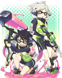  +_+ 2girls bike_shorts black_hair brown_eyes callie_(splatoon) commentary fangs grey_hair gun headgear hero_charger_(splatoon) hero_roller_(splatoon) highres holding ink_tank_(splatoon) inkling kneeling long_hair long_sleeves looking_at_viewer marie_(splatoon) mole mole_under_eye multiple_girls open_mouth oversized_object paint_roller paint_splatter photoshop_(medium) rifle shirt shoes short_hair single_vertical_stripe smile sneakers sniper_rifle splatoon_(series) splatoon_1 spoilers squidbeak_splatoon standing takano_itsuki vest weapon 