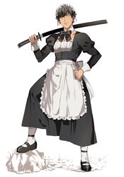  1boy alternate_costume apron bad_id bad_pixiv_id black_dress black_hair commentary_request crossdressing detached_collar doudanuki_masakuni dress enmaided juliet_sleeves katana long_sleeves maid maid_apron maid_headdress male_focus okii_(oh_ki_ik) over_shoulder puffy_sleeves scar sheath sheathed solo sword sword_over_shoulder touken_ranbu weapon weapon_over_shoulder yellow_eyes 