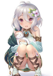  :d animal animal_hug antenna_hair bare_shoulders blush bridal_gauntlets collarbone commentary dress elf feline female flower green_dress grey_hair hair_between_eyes hair_flower hair_ornament kokkoro_(princess_connect!) looking_at_viewer open_mouth panties pantyshot pointy_ears princess_connect! red_eyes short_hair simple_background sitting sleeveless sleeveless_dress smile solo squatting tassel underwear white_background white_flower white_panties yuririn_poi 