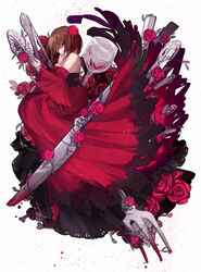  akujiki_musume_conchita_(vocaloid) bad_id bad_pixiv_id banica_conchita blood blood_stain bone brown_hair corset cup cutlery detached_sleeves dress drinking_glass evillious_nendaiki female flower fork glass_of_conchita hair_flower hair_ornament hand_to_own_mouth knife lyodi meiko_(vocaloid) petals red_dress red_eyes rose rose_petals shaded_face short_hair skull solo vessel_of_sin vocaloid wine_glass 