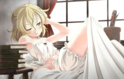  ahoge bed bed_sheet blonde_hair bloomers book book_stack camisole commentary_request curtains female indoors kirisame_marisa lying messy_hair mukai navel on_bed one_eye_closed solo strap_slip touhou underwear underwear_only white_bloomers window yellow_eyes 