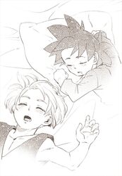  2boys bare_shoulders bed bed_sheet blush clenched_hands commentary_request dougi dragon_ball dragon_ball_z drooling fukuko_fuku greyscale long_sleeves lying male_focus monochrome multiple_boys open_mouth pillow saliva short_hair sleeping son_goten spiked_hair teeth trunks_(dragon_ball) 