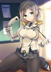  ariko_youichi breasts commentary_request epaulettes female glasses gloves green_eyes kantai_collection katori_(kancolle) large_breasts looking_at_viewer microskirt military military_uniform necktie panties panties_under_pantyhose pantyhose riding_crop skirt smile solo underwear uniform window 