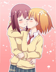  2girls blonde_hair blush closed_eyes commentary_request flower hair_flower hair_ornament hand_on_head highres hug hug_from_behind imminent_kiss kairakuen_umenoka long_sleeves multiple_girls necktie outline parted_lips petals pink_background pleated_skirt red_hair red_necktie ribbon sakura_trick school_uniform skirt sonoda_yuu sweater takayama_haruka white_outline yuri 