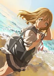  beach blush closed_mouth commentary_request crossed_bangs dutch_angle female floating_hair from_side hand_on_own_chest hand_up highres kunikida_hanamaru light_brown_hair light_rays love_live! love_live!_sunshine!! miniskirt nakamura_kou outdoors school_uniform short_sleeves skirt smile solo uranohoshi_school_uniform yellow_eyes 