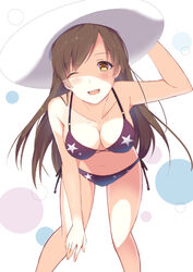  bad_id bad_pixiv_id bent_over bikini black_bikini black_hair breasts brown_eyes cleavage collarbone female hat hatsu_(first_snow) long_hair looking_at_viewer medium_breasts navel one_eye_closed open_mouth original side-tie_bikini_bottom solo star_(symbol) star_print swimsuit white_hat 