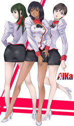  1990s_(style) 3girls agent_aika aika_(series) ascot ass black_ascot black_hair black_skirt breasts brown_hair buttons closed_mouth commentary_request copyright_name dark-skinned_female dark_skin delmo_commander delmogeny_uniform double-breasted full_body green_eyes green_hair hand_on_own_hip high_heels highres jacket juliet_sleeves legs lipstick long_hair long_sleeves makeup medium_breasts multiple_girls nina_esuko parted_lips pencil_skirt pink_lips profile puffy_sleeves retro_artstyle shimaguni_yamato short_hair simple_background skirt standing taut_clothes uniform white_delmo white_delmo_p white_footwear white_jacket 