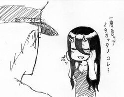  1boy abyssal_admiral_(kancolle) abyssal_ship admiral_(kancolle) battleship_princess commentary dress female greyscale hands_on_own_cheeks hands_on_own_face hat horns kantai_collection long_hair lowres minarai_zouhyou monochrome omake peaked_cap translated 