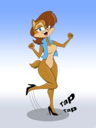  3:4 absurd_res anthro archie_comics bent_leg biped black_clothing black_footwear black_high_heels black_nose blue_clothing blue_eyes blue_topwear blue_vest bottomless breasts brown_body brown_fur brown_hair chipmunk clothed clothing dance_shoes dancewear dancing direction_lines featureless_breasts female footwear fur gradient_background ground_squirrel hair hi_res high_heels impact_lines kick mammal multicolored_body multicolored_fur mysteryfanboy91 onomatopoeia open_clothing open_mouth open_topwear open_vest raised_leg rodent sally_acorn sciurid scut_tail sega shoes short_tail simple_background solo sonic_the_hedgehog_(archie) sonic_the_hedgehog_(comics) sonic_the_hedgehog_(series) sound_effects tail tan_body tan_fur tap_dancing tap_shoes tapping tapping_foot text topwear two_tone_body two_tone_fur vest 