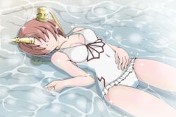  bare_shoulders berserker_of_black breasts cleavage covered_navel fate/apocrypha fate_(series) hair_ornament hair_over_eyes horn lying open_mouth pink_hair short_hair swimsuit water 