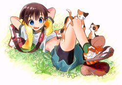  1boy backpack bag bike_shorts blue_eyes blush brown_hair calico clothes_lift commentary_request feline full_body grass lying male_focus midriff on_back open_mouth original sakaki_tsui shirt_lift shoes shorts smile sneakers solo spandex 