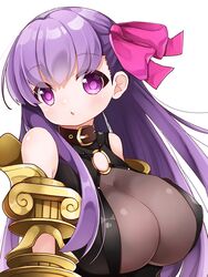  bare_shoulders breasts cleavage collar fate/extra fate/extra_ccc fate/grand_order fate_(series) female female gauntlets hair_ornament hair_ribbon hakuari_(hina) huge_breasts long_hair looking_at_viewer passion_lip purple_eyes purple_hair ribbon see-through solo upper_body very_long_hair 