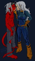  1boy barefoot belt boots cigarette dc_comics eddie_bloomberg female gloves hand_on_hip horns kid_devil monster_boy ravager red_skin ricken rose_wilson scale_armor simple_background sword tail teen_titans topless white_hair 