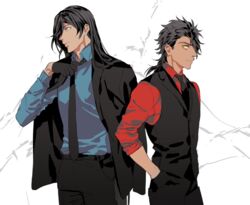  2boys bad_id bad_pixiv_id black_gloves blue_eyes commentary_request formal gloves hand_in_pocket izumi-no-kami_kanesada jacket jacket_on_shoulders long_hair male_focus multiple_boys mutsu-no-kami_yoshiyuki necktie okii_(oh_ki_ik) ponytail touken_ranbu vest waistcoat yellow_eyes 