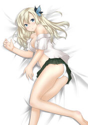  bed_sheet blonde_hair blue_eyes boku_wa_tomodachi_ga_sukunai breasts butterfly_hair_ornament cleavage collarbone commentary_request female green_skirt hair_ornament kashiwazaki_sena long_hair looking_at_viewer lying medium_breasts navel on_side open_clothes open_shirt panties pleated_skirt shirt skirt solo underwear white_panties white_shirt yoshikita_popuri 