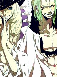  2boys abs akizuki_hakuto bartolomeo black_hair blonde_hair blue_eyes cavendish dressrosa facial_mark fur_trim green_hair hat male male_focus multiple_boys nose_ring oerba_yun_fang one_piece open_clothes open_shirt red_eyes shirt tattoo white_shirt 