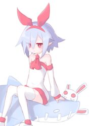  bare_shoulders blue_hair commentary_request detached_sleeves disgaea dress female flat_chest hair_ribbon makai_senki_disgaea pleinair pointy_ears rabbit red_eyes ribbon ruten_(onakasukusuku) same-san shark short_hair stuffed_animal stuffed_rabbit stuffed_shark stuffed_toy thighhighs usagi-san white_legwear 