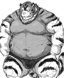  2015 anthro barazoku belly big_belly bulge clothing felid front_view greyscale kemono kneeling kotobuki male mammal mask monochrome muscular muscular_anthro muscular_male obese obese_anthro obese_male overweight overweight_anthro overweight_male pantherine simple_background solo speedo sports_mask sportswear swimwear tiger translucent translucent_clothing white_background wrestling_mask 