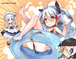  3girls age_regression aged_down ahoge apron ark_royal_(azur_lane) ass azur_lane barefoot belfast_(azur_lane) bikini bird black_bikini black_hair blue_eyes braid censored chick commentary cross earrings female_pervert french_braid grey_eyes hair_ribbon hm_(hmongt) innertube iron_cross jewelry licking maid maid_apron maid_headdress manjuu_(azur_lane) multicolored_hair multiple_girls orange_eyes oversized_clothes pervert prinz_eugen_(azur_lane) ribbon smoke soles star_censor swim_ring swimsuit two-tone_hair two_side_up white_hair 