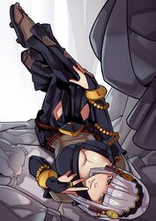  breasts bridal_gauntlets cleavage commentary english_commentary female finger_to_face fire_emblem fire_emblem_fates grey_eyes grey_hair highres long_hair looking_at_viewer medium_breasts photoshop_(medium) rhajat_(fire_emblem) sandals smile solo splashbrush upside-down 