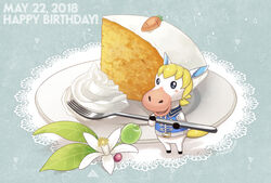  ! 1boy animal_crossing blue_background cake carrot colton_(animal_crossing) commentary_request dated epaulettes food furry furry_male happy_birthday horse_boy male_focus open_mouth solo tsutsuji_(hello_x_2) 