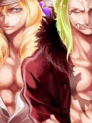  2boys akizuki_hakuto bartolomeo bartolomeo_(one_piece) blonde_hair cavendish dressrosa green_hair hat long_hair male_focus multiple_boys muscle nose_ring oerba_yun_fang one_piece open_clothes open_shirt shirt 