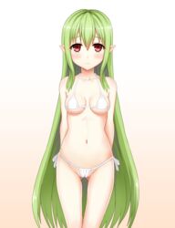  arms_behind_back bikini blush breasts commentary_request female gas_welder_(ole_tower) gradient_background green_hair highres long_hair looking_at_viewer medium_breasts ole_tower pointy_ears red_eyes sariri_fudou solo swimsuit very_long_hair white_bikini 