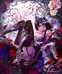  armored_boots black_hair black_nails black_thighhighs blue_flower blue_rose boots breasts brown_eyes choker cleavage commentary_request detached_sleeves female fire flower garter_straps gem grey_flower grey_rose hair_flower hair_ornament high_heel_boots high_heels highres hisakata_souji jewelry large_breasts legs_up long_hair looking_at_viewer multicolored_flower nail_polish orange_flower orange_rose petals pink_flower pink_gemstone pink_rose purple_fire purple_flower purple_gemstone purple_rose red_flower red_rose ring rose rose_petals rose_queen shingeki_no_bahamut sitting smile solo thighhighs thorns yellow_flower yellow_rose 