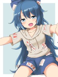  :d barefoot blue_background blue_eyes blue_hair blue_skirt blush collarbone commentary_request dadamori drawstring female grey_hoodie hair_between_eyes hood hood_down hoodie leaning_forward long_hair looking_at_viewer open_mouth outstretched_arms short_sleeves simple_background sitting skirt smile solo spread_arms touhou very_long_hair wariza yorigami_shion 