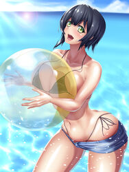  absurdres ball beachball black_hair blush breast_press breasts cleavage collarbone commentary_request cowboy_shot denim denim_shorts female green_eyes highres holding holding_ball large_breasts looking_at_viewer open_mouth original short_hair shorts smile solo swimsuit tama_(tamakaka1031) 