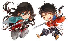  2boys antique_firearm armor black_hair blue_eyes brown_eyes brown_hair chibi commentary_request dual_wielding firelock flintlock gun haori holding izumi-no-kami_kanesada japanese_armor japanese_clothes katana katsugeki/touken_ranbu long_hair low-tied_long_hair male_focus midriff_sarashi multiple_boys mutsu-no-kami_yoshiyuki okii_(oh_ki_ik) sandals sarashi shoulder_armor sode sword touken_ranbu weapon 