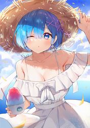  :o alternate_costume arm_up ayamy bare_shoulders blue_eyes blue_hair blush bow breasts character_print cleavage collarbone commentary_request day dress earrings female flower_knot food hair_ornament hair_over_one_eye hat highres holding horizon ice jewelry large_breasts looking_at_viewer ocean off-shoulder_dress off_shoulder one_eye_closed outdoors petals petelgeuse_romaneeconti re:zero_kara_hajimeru_isekai_seikatsu rem_(re:zero) ribbon short_hair smile solo straw_hat white_bow white_dress x_hair_ornament 