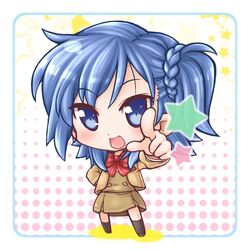  blue_eyes blue_hair blush bow bowtie braid brown_dress brown_jacket chibi commentary_request dress female full_body garakuta_(garakuta_no_gomibako) hand_on_own_hip happy jacket lolicon long_sleeves looking_at_viewer lucky_star medium_hair miyakawa-ke_no_kuufuku miyakawa_hikage open_clothes open_jacket open_mouth pointing pointing_at_viewer polka_dot polka_dot_background red_bow red_bowtie school_uniform smile solo standing star_(symbol) white_background 