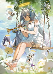  4girls accordion ahoge alternate_costume anklet armlet barefoot blue_nails blue_sky bronya_zaychik chibi commentary_request dress erhu flower ginklaga grey_eyes grey_hair hair_flower hair_ornament halo harp highres holding holding_instrument honkai_(series) honkai_impact_3rd instrument jewelry kiana_kaslana mini_person minigirl multiple_girls nail_polish purple_hair raiden_mei sitting sky sleeveless sleeveless_dress soles sunglasses swing theresa_apocalypse toenail_polish toenails trumpet white_hair wings 