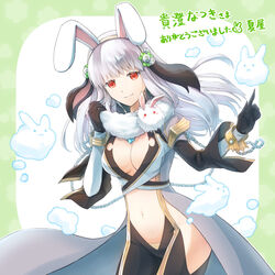  :3 animal_ears black_gloves black_pants breasts chains cleavage closed_mouth coat commentary_request commission cowboy_shot fake_animal_ears female gloves grey_coat halterneck highres large_breasts long_hair long_sleeves looking_at_viewer lunatic_(ragnarok_online) natsuya_(kuttuki) pants rabbit rabbit_ears ragnarok_online red_eyes side_slit skeb_commission smile suspenders translated warlock_(ragnarok_online) white_hair 