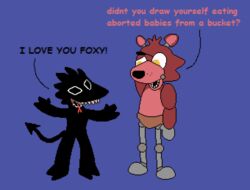  3_eyes ambiguous_gender ambiguous_species animate_inanimate animatronic anthro arms_out canid canine claws dialogue digital_media_(artwork) duo english_text eye_patch eyewear fingers five_nights_at_freddy&#039;s forked_tongue fox foxy_(fnaf) gold_(metal) gold_tooth hand_behind_head harleyfunnycat hi_res hooved_fingers hooves humanoid humor intersex intersex/intersex joke machine mammal microsoft_paint_(artwork) multi_eye parody pointed_nose questioning questioning_tone robot robot_humanoid robotic_legs robotic_limbs scottgames showing_teeth spade_tail square_eyes strange_eyes tail text tongue whisker_spots yellow_eyes 