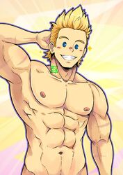  1boy :d abs arm_behind_head bara blonde_hair blue_eyes blush boku_no_hero_academia completely_nude grin highres kir_(kir_keropi) looking_at_viewer male_focus muscular muscular_male navel nipples nude out-of-frame_censoring pectorals penis_out_of_frame scar scar_on_arm short_hair sideburns smile solo sparkle spiked_hair stomach togata_mirio 