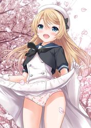  blonde_hair blue_eyes blue_sailor_collar blue_sky cherry_blossoms cherry_print clothes_lift cloud commentary_request cowboy_shot day dress dress_lift female food_print gloves hat highres jervis_(kancolle) kantai_collection lifting_own_clothes long_hair neko_danshaku open_mouth outdoors panties petals sailor_collar sailor_dress sailor_hat short_sleeves sky smile solo standing tree underwear white_dress white_gloves white_hat white_panties 