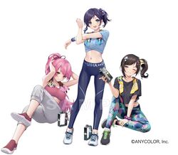  3girls :d aiba_uiha aizono_manami bare_arms bare_shoulders black_hair black_pants black_shirt blue_eyes blue_pants blue_shirt breasts brown_eyes cleavage commentary_request copyright_notice crop_top grey_pants half-closed_eye hayase_sou holding medium_breasts midriff multiple_girls navel ne-on nijisanji official_art one_eye_closed open_mouth pants parted_lips pink_hair print_pants red_footwear sample_watermark shirt shoes short_sleeves side_ponytail simple_background smile standing stretching towel towel_around_neck virtual_youtuber watermark white_background 