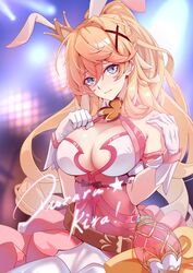  absurdres animal_ears bare_shoulders belt bianka_durandal_ataegina blonde_hair blue_eyes breasts cleavage cosplay crown dress female gloves hair_ornament hairclip highres honkai_(series) honkai_impact_3rd huiqian large_breasts long_hair ponytail rabbit_ears solo theresa_apocalypse theresa_apocalypse_(sakuno_rondo) theresa_apocalypse_(sakuno_rondo)_(cosplay) very_long_hair 