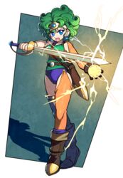  absurdres betabetamaru blue_eyes boots bracelet brown_footwear brown_gloves buruma circlet commentary_request curly_hair dragon_quest dragon_quest_iv earrings energy_ball female full_body gloves green_hair heroine_(dq4) highres holding holding_sword holding_weapon jewelry legband open_mouth purple_buruma serious shadow sheath single_glove single_sleeve single_thighhigh smile solo sword thighhighs v-shaped_eyebrows weapon 