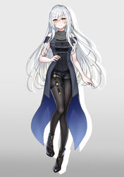  abe_hikaru absurdres android black_footwear black_pantyhose black_shorts blue_nails breasts coattails female full_body gradient_background grey_background highres long_hair looking_at_viewer medium_breasts original pantyhose short_shorts shorts silver-haired_gynoid_(abe_hikaru) solo very_long_hair white_background white_hair yellow_eyes 