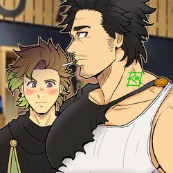  2boys bara black_capelet black_clover black_hair blush breast_envy capelet cigarette english_commentary facial_hair finral_roulacase from_side girl_staring_at_guy&#039;s_chest_(meme) goatee highres kir_(kir_keropi) large_pectorals long_sideburns looking_at_another looking_down male_focus mature_male meme multiple_boys muscle_envy muscular muscular_male pectoral_focus pectorals short_hair sideburns spiked_hair upper_body yami_sukehiro yaoi 