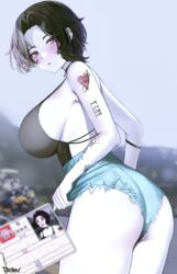  arm_tattoo artist_name ass biker_monkey_(maplestory) black_hair black_shirt blurry blurry_background blurry_foreground blush breasts chinese_commentary chinese_text closed_mouth colored_skin commentary_request cowboy_shot cutoffs day denim denim_shorts depth_of_field doomer_girl driving_license earclip female from_side frown_(wonderland85711) halo high-waist_shorts huge_breasts legs_together life_of_a_mountain_road_monkey looking_at_viewer looking_to_the_side maplestory monkey motor_vehicle motorcycle outdoors shirt short_hair short_shorts shorts shoulder_tattoo sideboob signature solo_focus taiwan tattoo traditional_chinese_text white_skin 