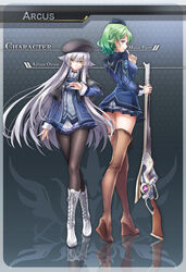  2girls altina_orion am1m back beret black_capelet black_headwear black_pantyhose black_ribbon blue_headwear blue_jacket blue_skirt boots breasts brown_footwear brown_legwear buttons capelet character_name closed_mouth cross-laced_footwear crossed_legs double-breasted eiyuu_densetsu english_text expressionless finger_to_mouth flat_chest full_body garrison_cap green_eyes green_hair grey_hair gun hair_between_eyes hair_flaps hair_ribbon hat highres jacket knee_boots long_hair long_sleeves looking_at_viewer medium_breasts miniskirt multiple_girls musse_egret pantyhose photoshop_(medium) pleated_skirt purple_eyes reflection ribbon rifle school_uniform sen_no_kiseki sen_no_kiseki_iii short_hair sidelocks skirt small_breasts smile standing thigh_boots thighhighs thighs thors_military_academy_branch_campus_uniform tress_ribbon uniform very_long_hair vest weapon white_footwear 